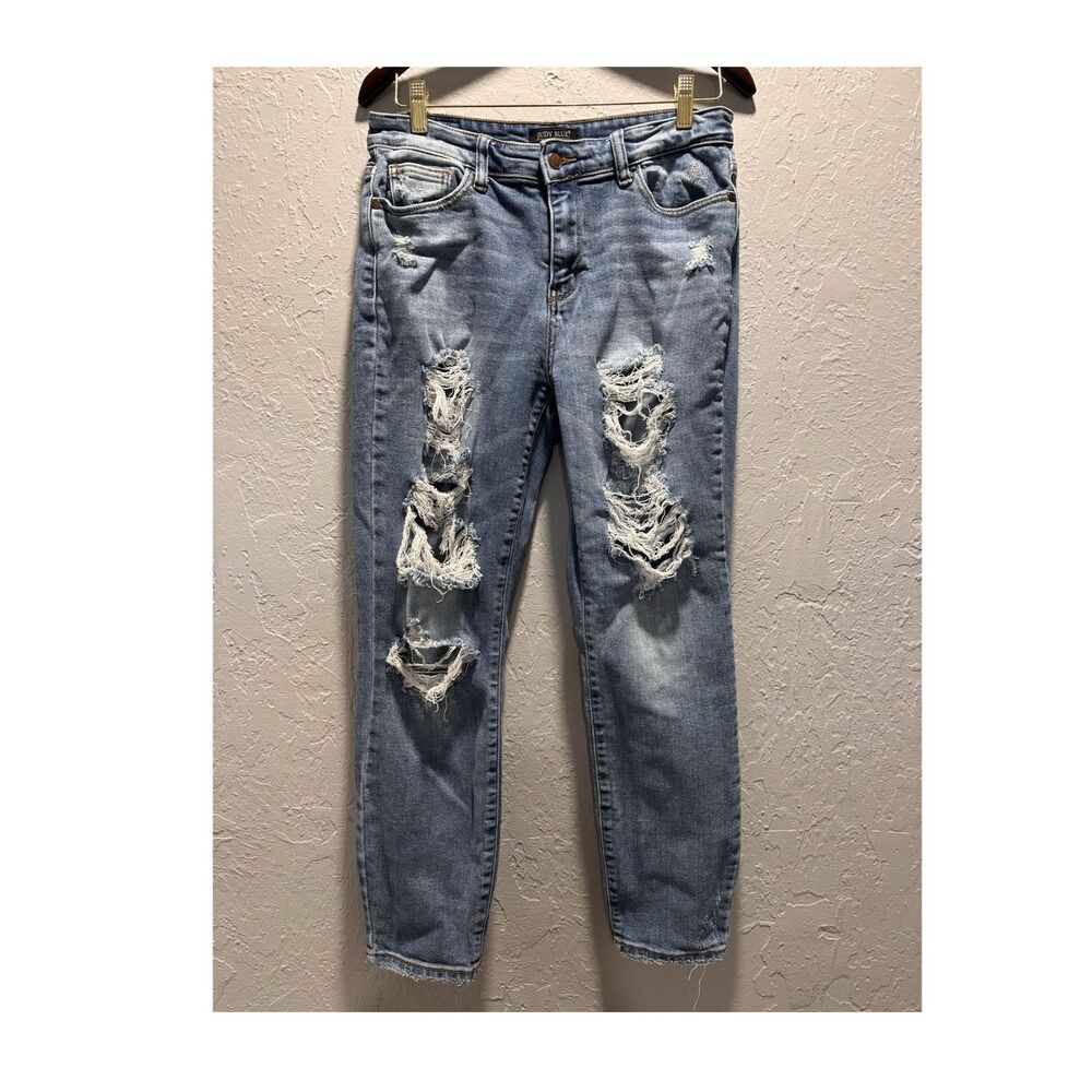 Judy Blue Boyfriend Distressed Medium Wash Stretch Jeans Women's Denim